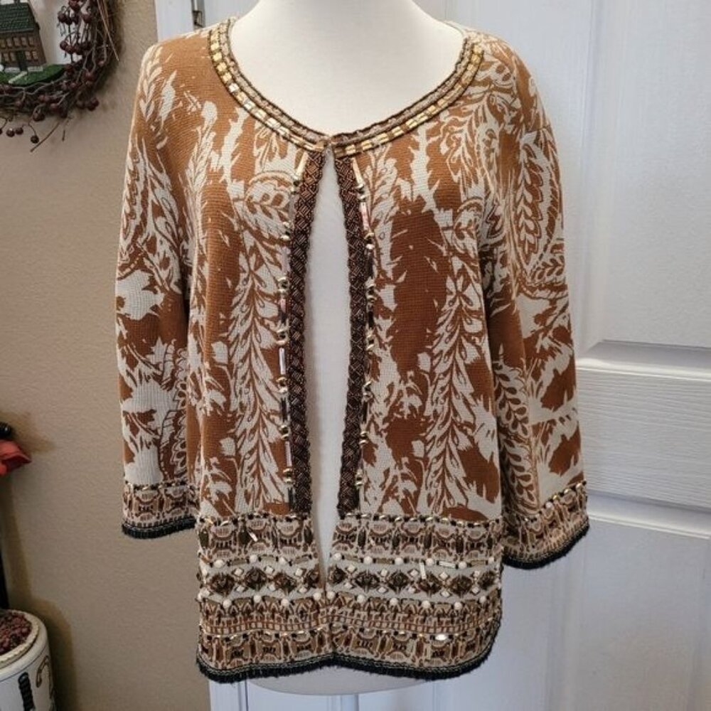 Chicos knit beaded sweater formal cottage core size 3 gold white spring